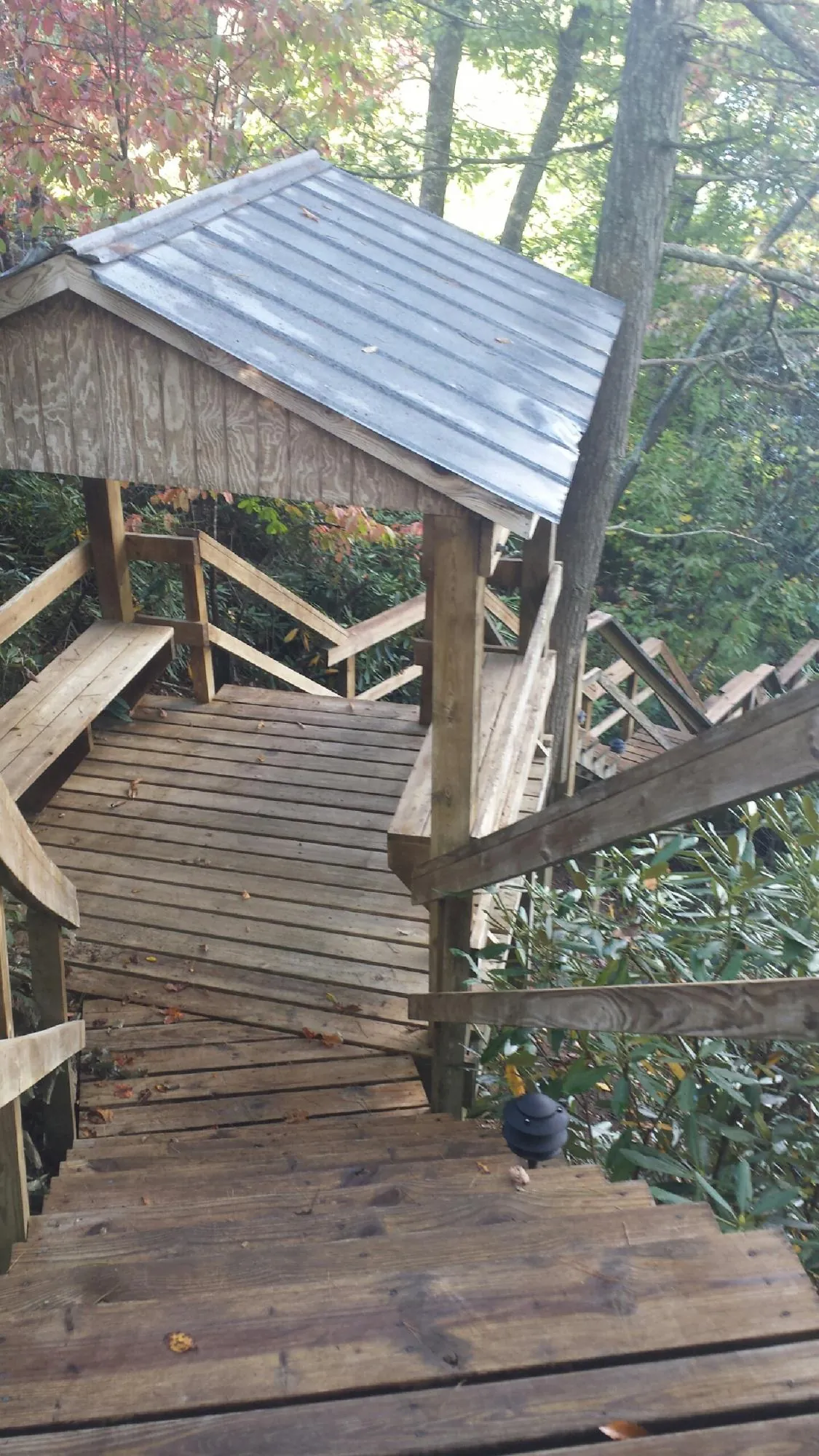 Metal roofed shelter over wooden steps on a wooded walkway — Skylight Repair & Installation work by our crew in North Bonneville